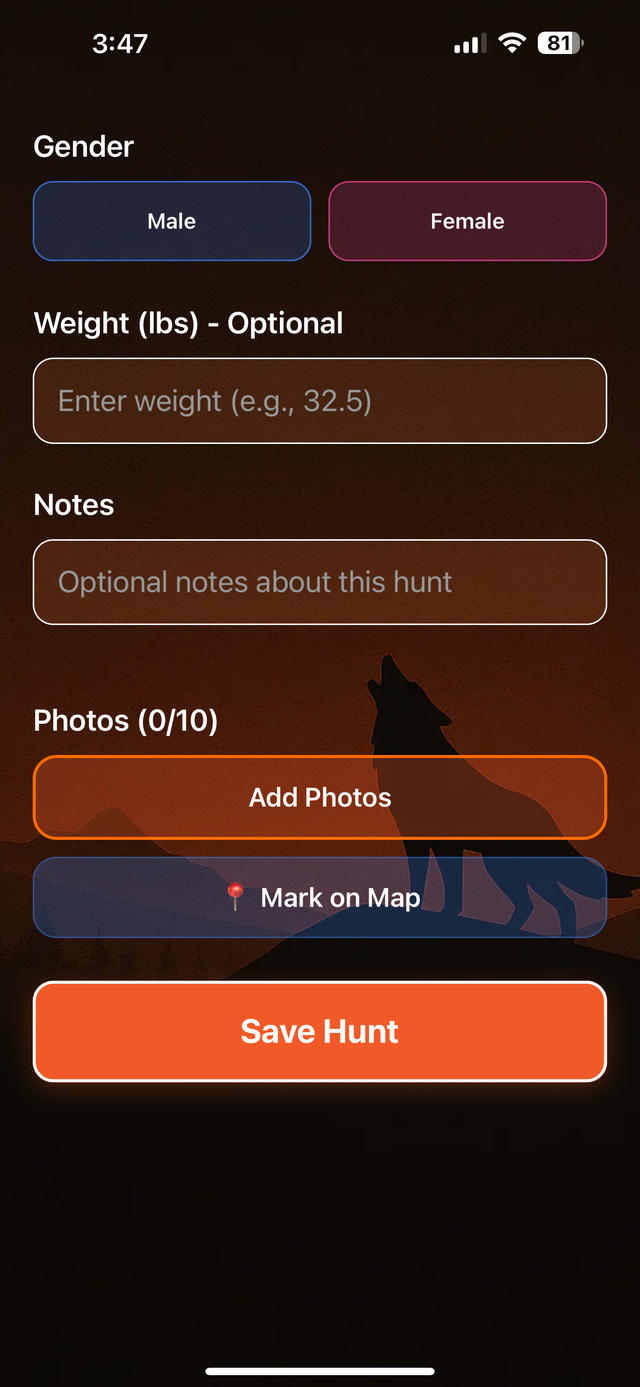 Mobile Hunt Logging Interface - Hunt Details