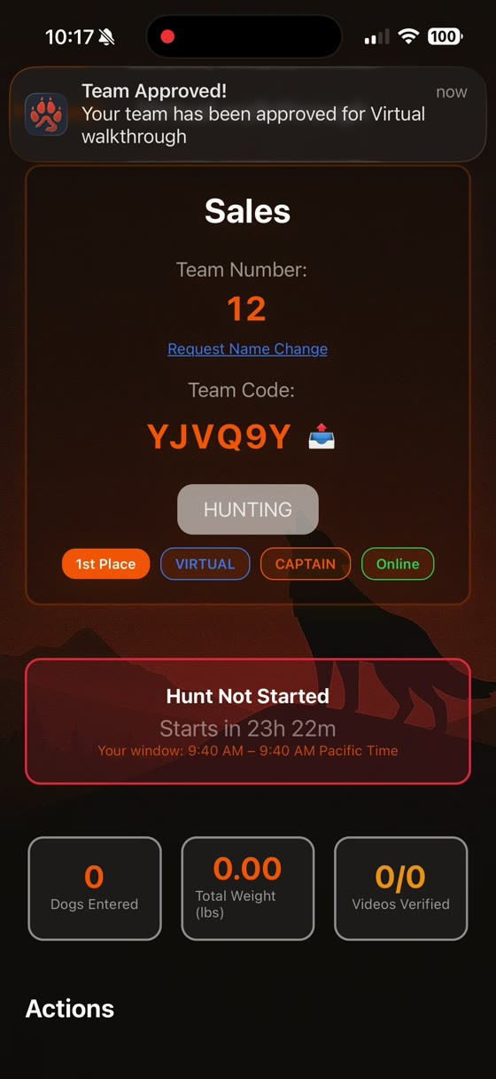 The approved team dashboard showing a Team Approved push notification, team number, team code, status badges, and a countdown to the hunt start