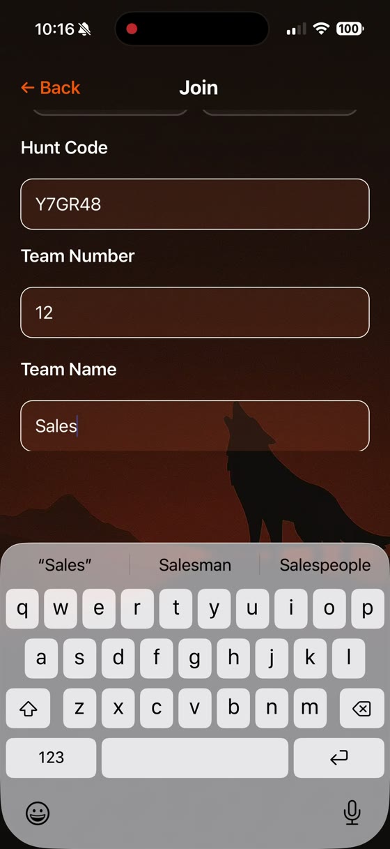 The Join screen with the hunt code, team number and team name filled in