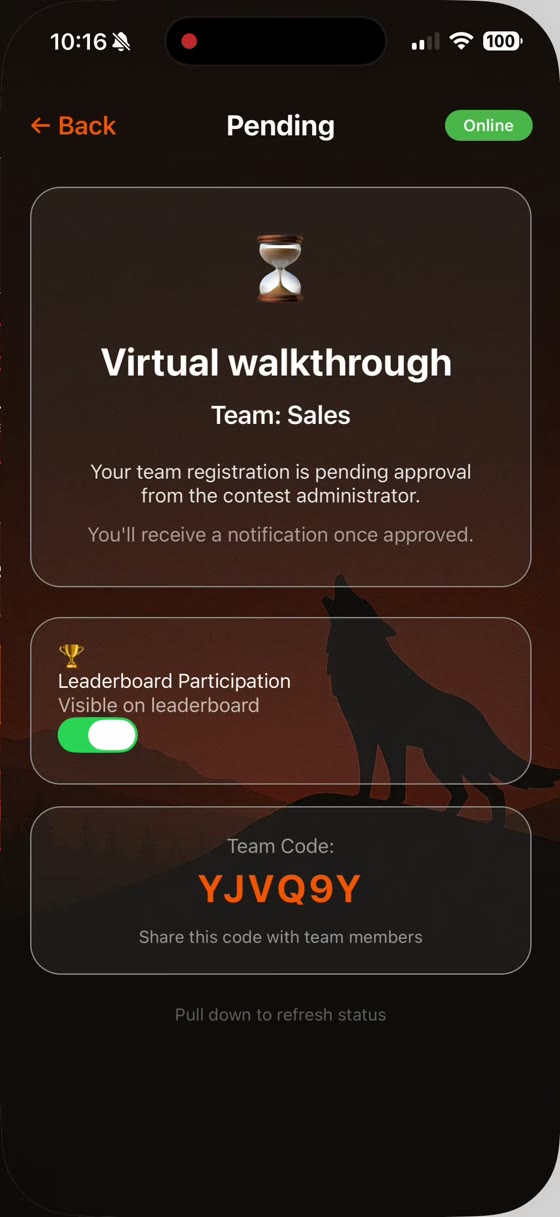 The Pending screen showing the contest name, team name, a leaderboard participation toggle, and the team code to share