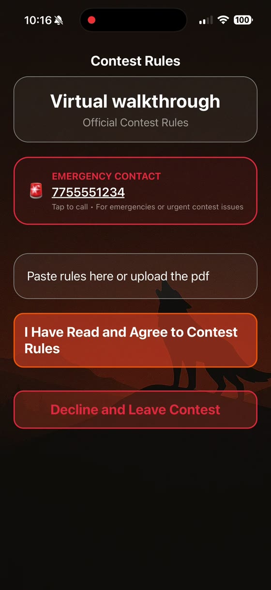 The Contest Rules screen with the host emergency contact, the rules text, and buttons to agree or decline and leave the contest