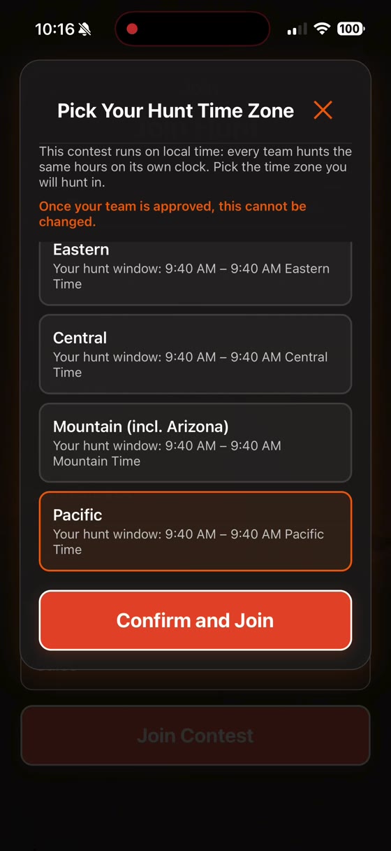 The Pick Your Hunt Time Zone screen listing Eastern, Central, Mountain and Pacific, each showing the hunt window in that zone, with Pacific selected