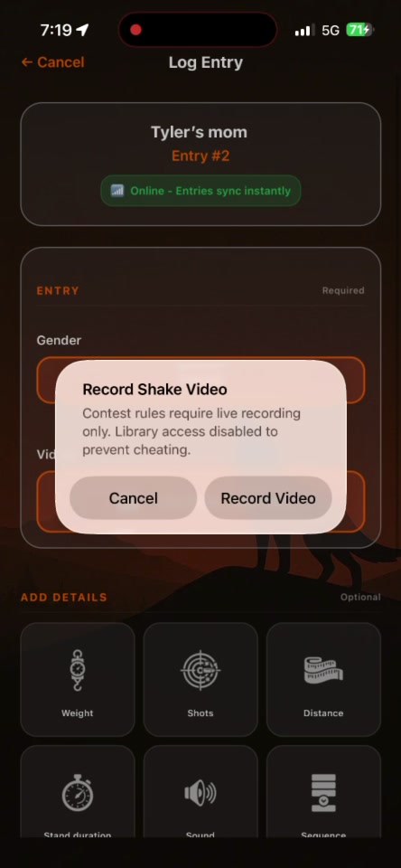 The Log Entry screen showing the Record Shake Video prompt, which explains that live recording is required and library access is disabled